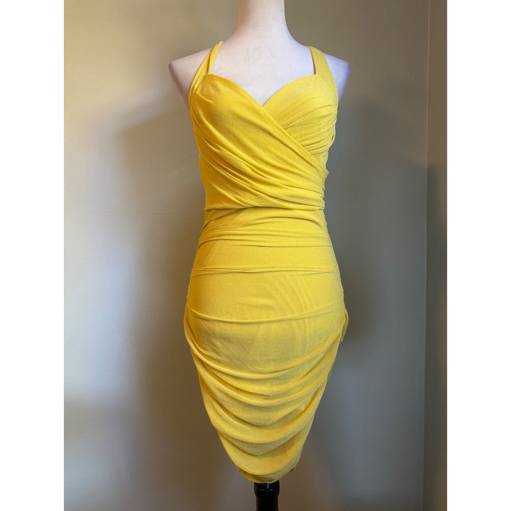 SHEIN SXY Yellow Shimmer Ruched Halter Bodycon Mini Dress M resort y2k bech boho